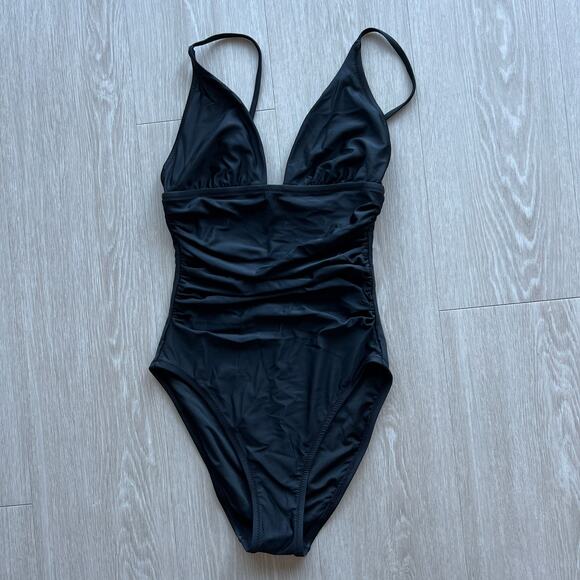 J Crew Ruched Plunge One Piece Swimsuit Size 2 Black - Picture 1 of 8